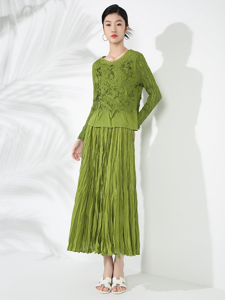 Solid Color Embroidered Long-sleeved Top Handmade Pleated Two-piece Overskirt Suit