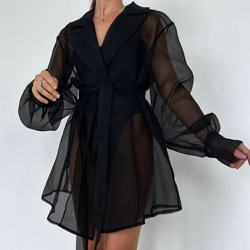Black Mesh Cardigan-laced Nightgown Sexy And Sheer