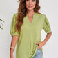 Women's Pleated Puff Sleeve Tops Summer V Neck T Shirts Casual Loose Blouses