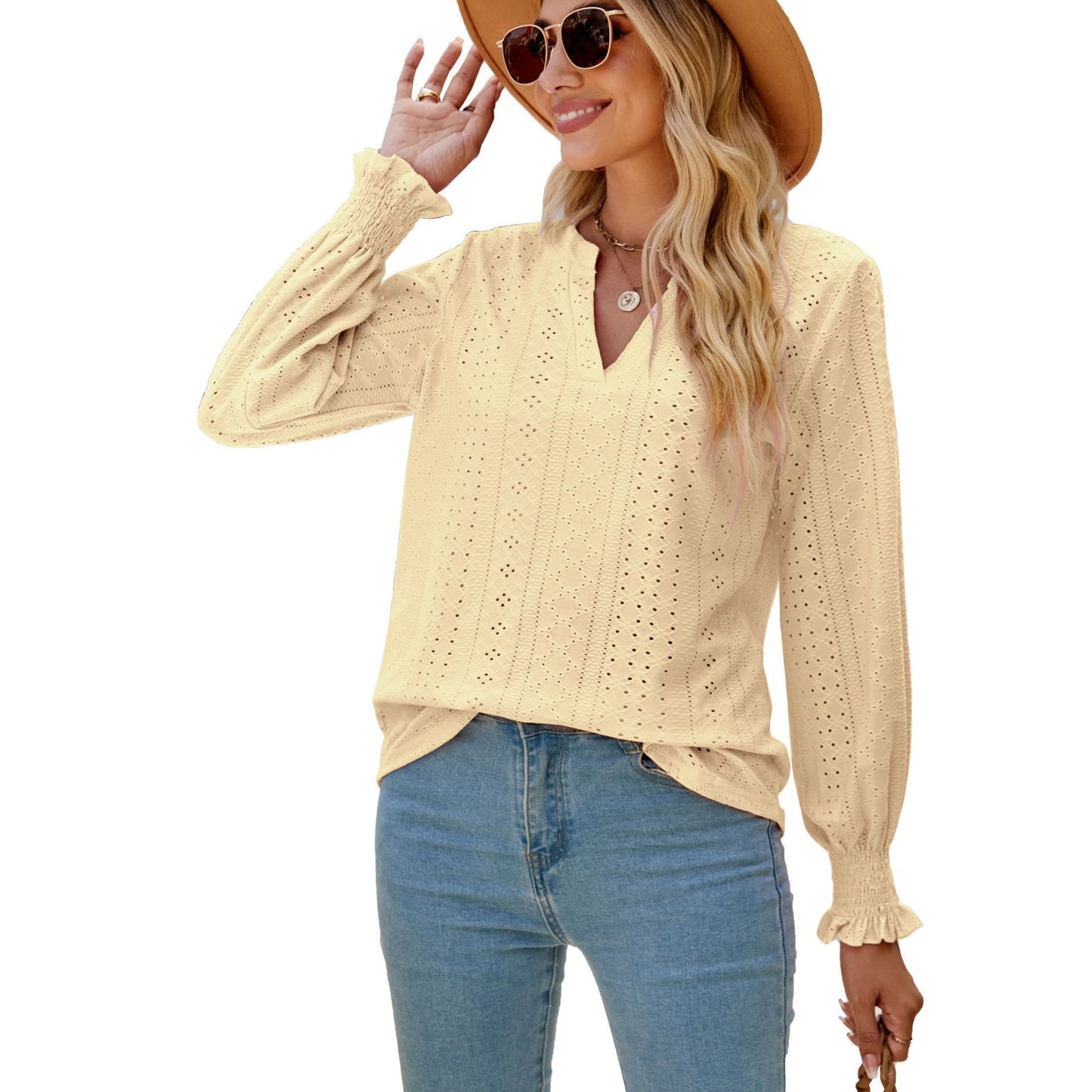 Women's Fashion V-neck Solid Color Hollow Ruffle Sleeve Loose Long Sleeve Top