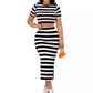 Fashionable Elegant Style All-match Casual Striped Short-sleeved Top Slim Skirt Suit