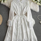 Waist-tight Slimming Lantern Sleeves Shirt Midi Dress