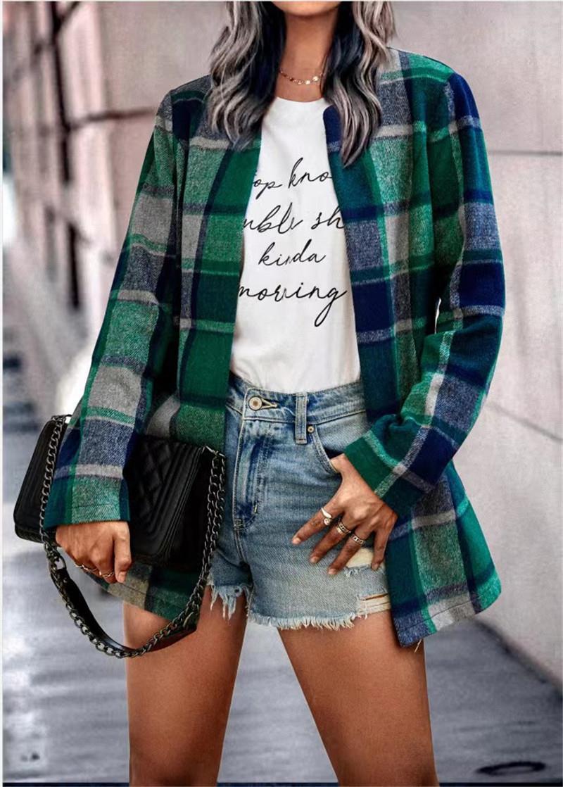 Women's Loose Printed Checks Long Sleeve Pocket Woolen Coat Cardigan Top