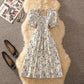 French Square Collar Floral Dress Waist Slimming Women