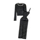 Elegant Striped Slip Dress And Knitted Cardigan Set