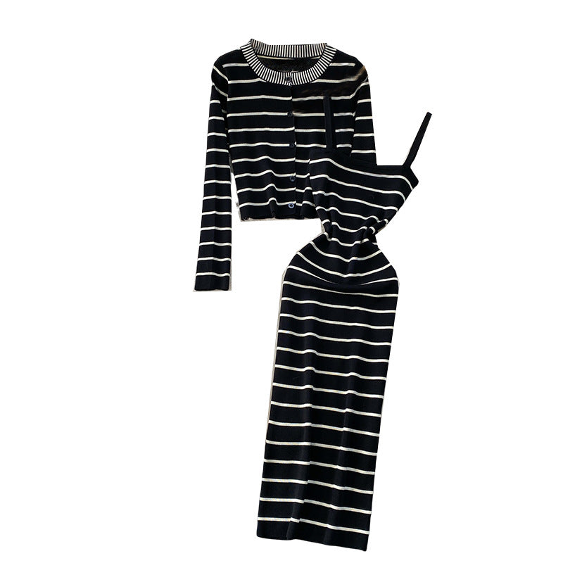 Elegant Striped Slip Dress And Knitted Cardigan Set