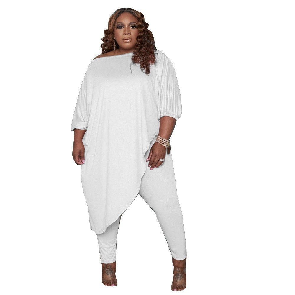 Large Size European And American Women's Clothing Cross-border Selling Spot Loose Solid Color Shoulder Two-piece Set Spring And Autumn