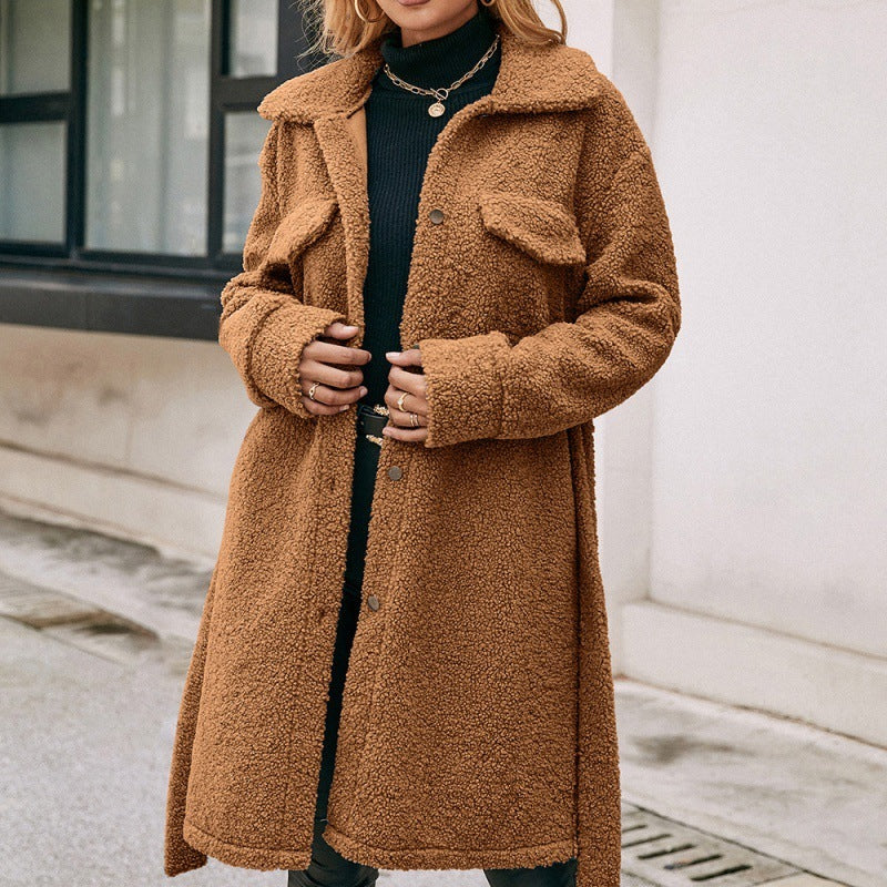 Mid Length Lapel Belted Single Breasted Plush Trench Coat