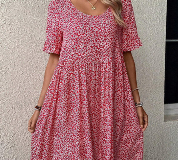 Round Neck Short Sleeve Printed Floral Dress Women