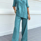 Casual Cotton-Linen Solid-Color Mid-Sleeve V-Neck Top And Straight-Cut Casual Pants Set