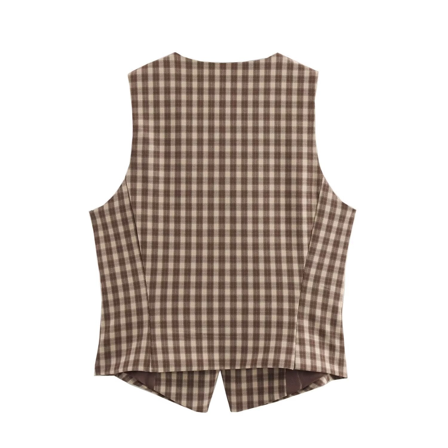 New Plaid Sleeveless Round Neck Slim Vest Top