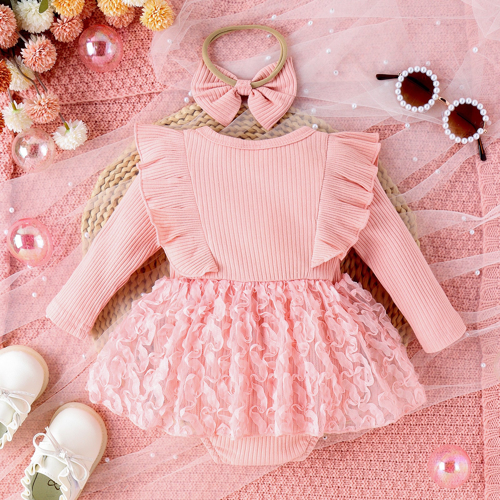 Girls Fashion Flower Romper With Headdress Suit