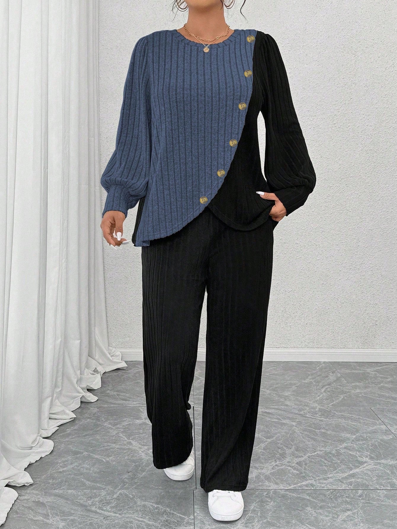 Round-neck Long-sleeve Soft Knit With Textured Color Blocks And Asymmetrical Design