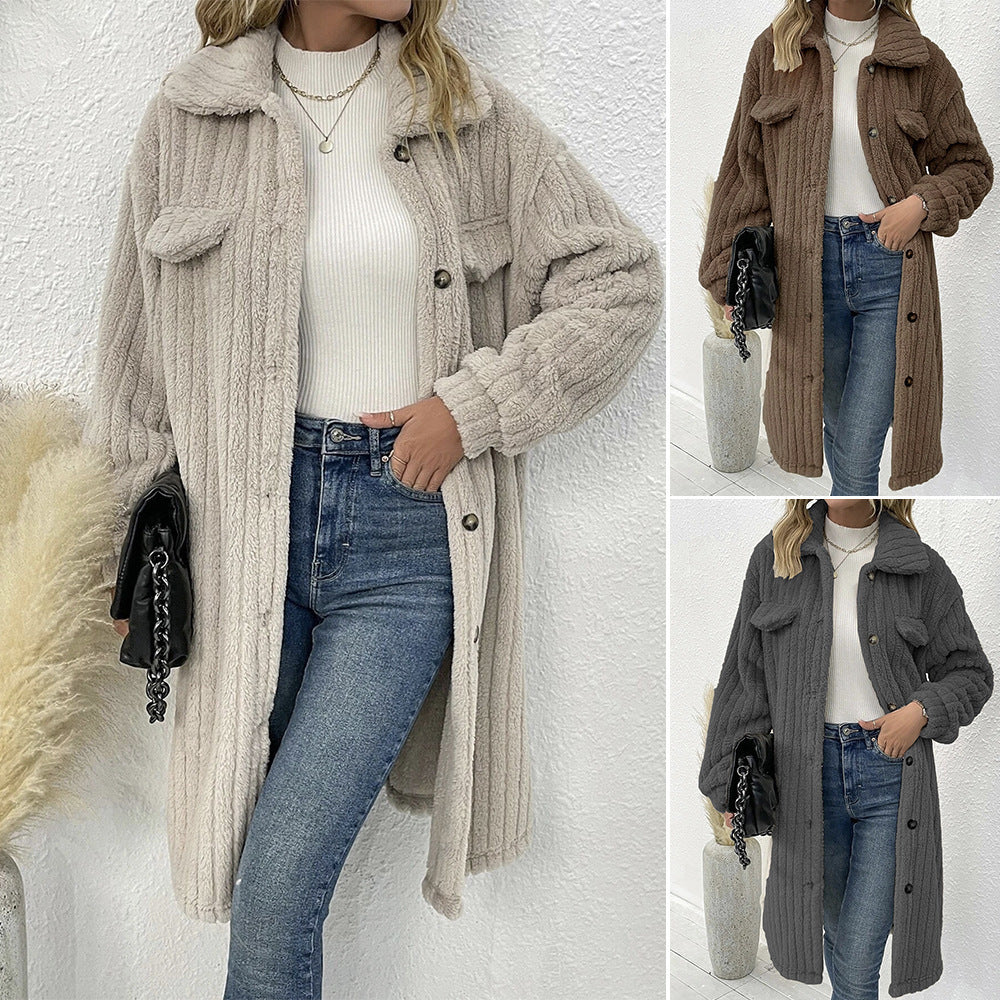 Manteau en laine à manches longues et revers en peluche pour femme