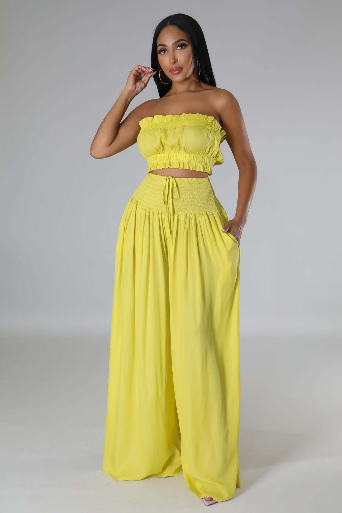 Summer Autumn Solid-Color Womens Casual Tube Top And High-Waist Drawstring Wide-Leg Pants