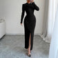 Round-neck Fitted-waist Sheath Dress With A Slit