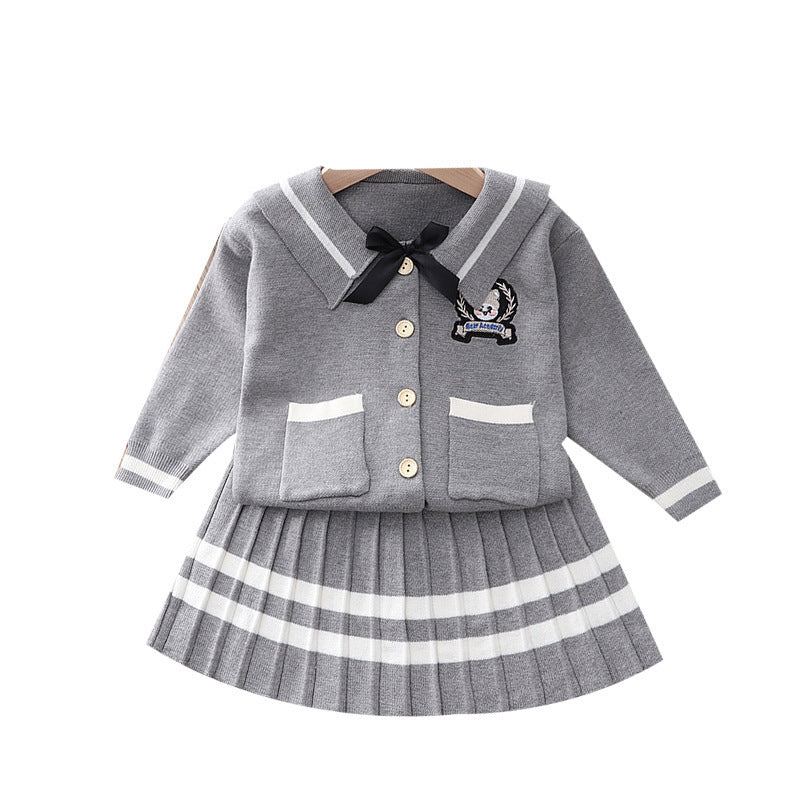 Embroidered Long Sleeve Cardigan Pleated Skirt Two Piece Set