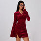 Female Solid Color Flared Sleeve Pleated Waist Bag Hip Dress