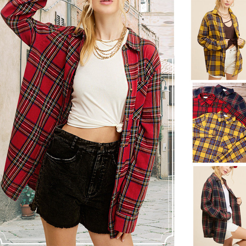 Women's Fashion Polo Collar Pocket Single-breasted Plaid Shirt