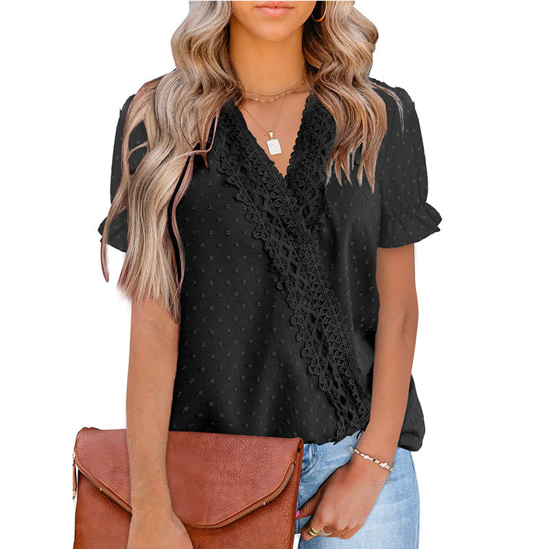 Women's Chiffon Pompom Lace V-neck Short Sleeve Shirt