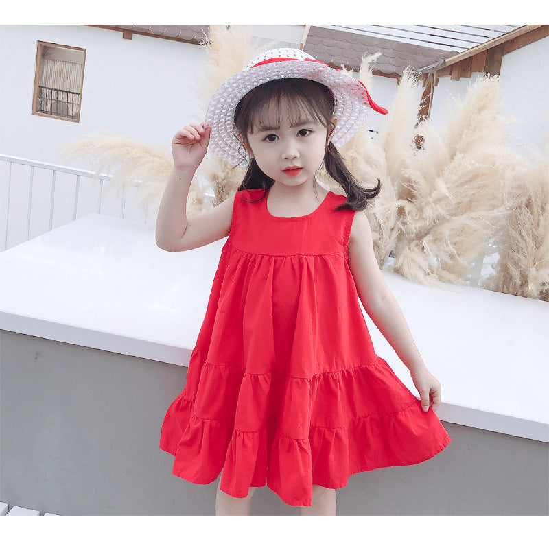 Robe d'été sans manches à col rond pour filles, couleur unie