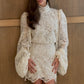 Womens Fashion Two-Piece Set Lantern-Sleeve Turtleneck Lace Top And Bottom
