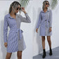Bow Lace-up Long Sleeve European And American Blue Patchwork Stripes Cardigan Shirt Dress
