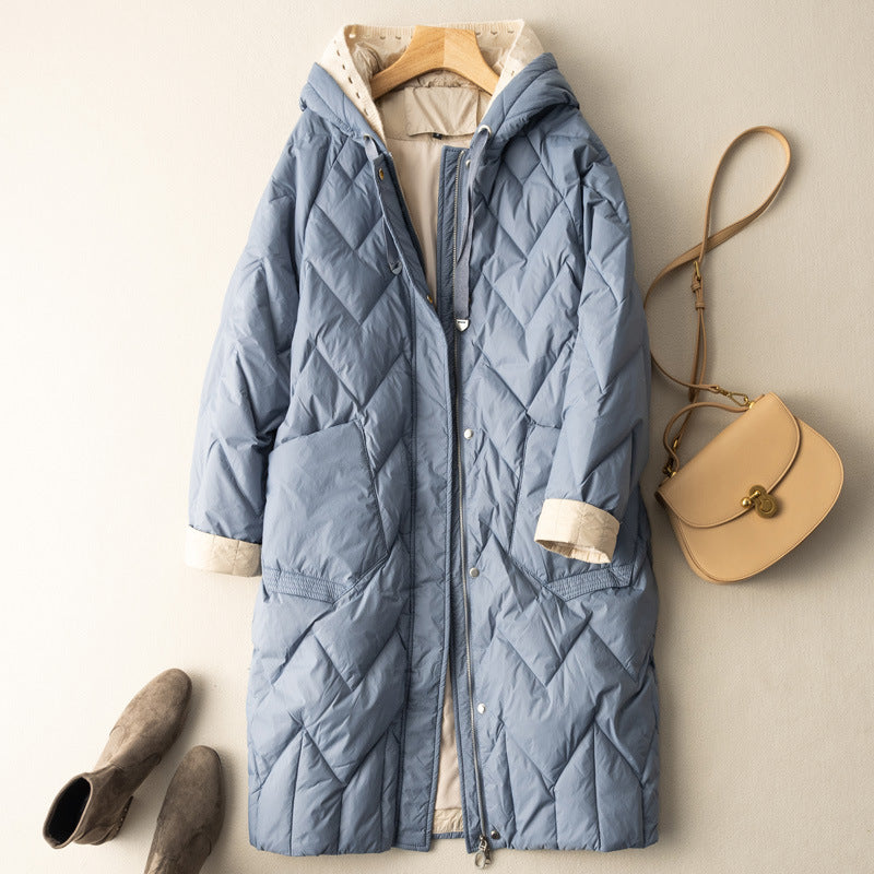 Medium Long Loose Warm Fashion Coat Women's Knitting Wool Hooded Down Jacket