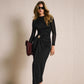 New Stylish And Chic Dress Featuring A Patchwork Mesh Sleeve Design Adorned With Metallic Buckles