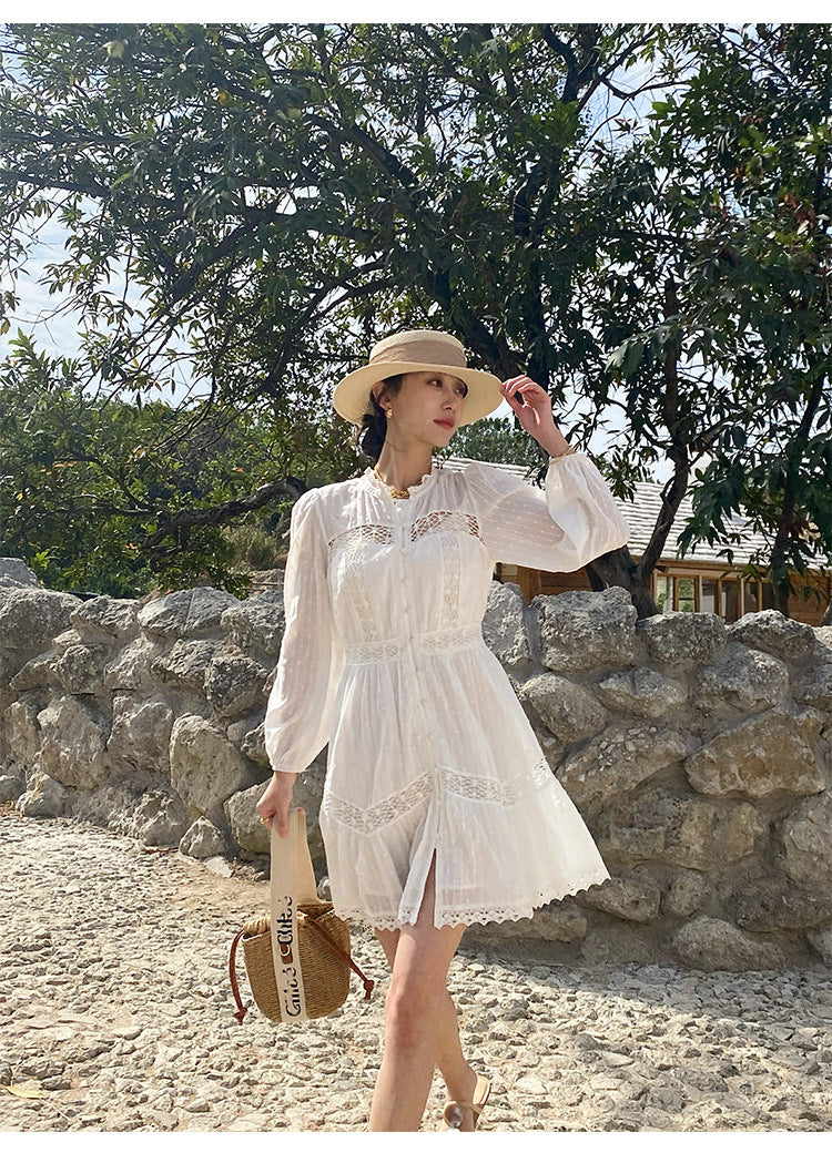 Robe blanche française à manches longues pour femme, style vacances