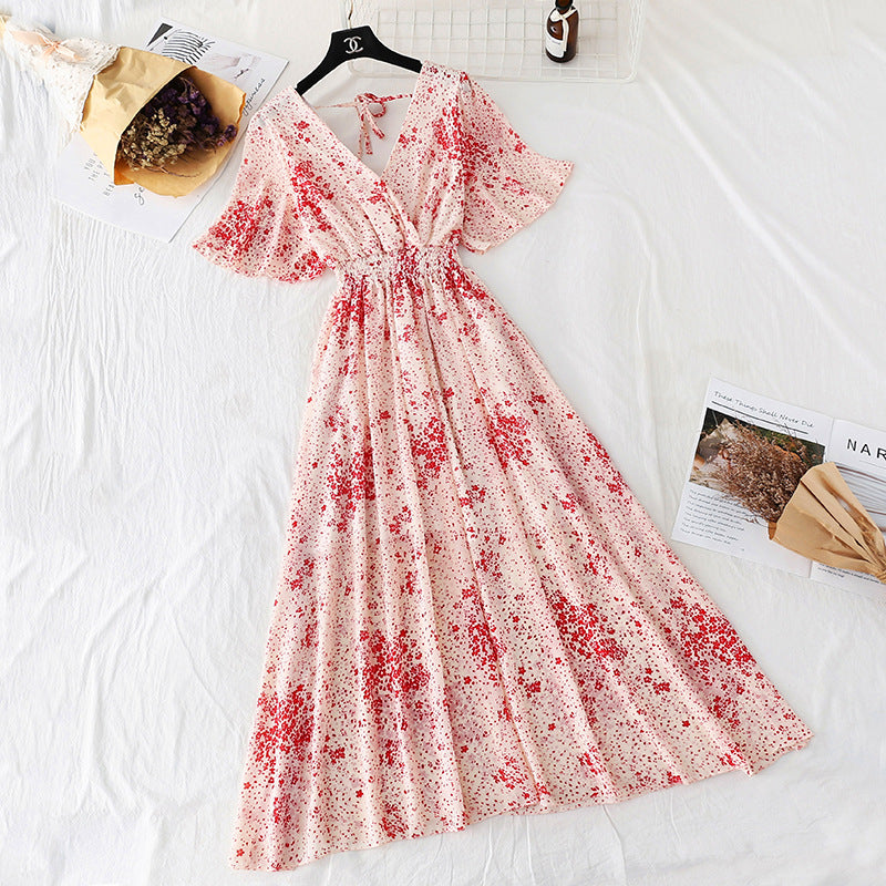 Chiffon Dress Female French Platycodon Floral Long Skirt Waist Was Thinner