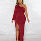 Women's Autumn Oblique Shoulder Lantern Sleeve Solid Color Slim Fit Dress