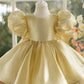 Girls' Dress New Champagne Satin Flower Girl Puff Sleeve