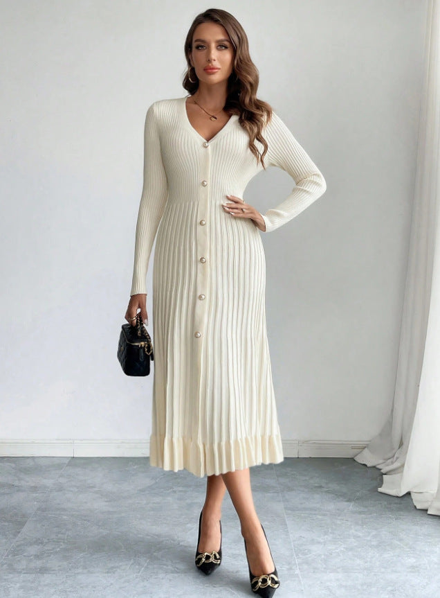 Women's Waist-Cinching Vintage Button Knit Dress