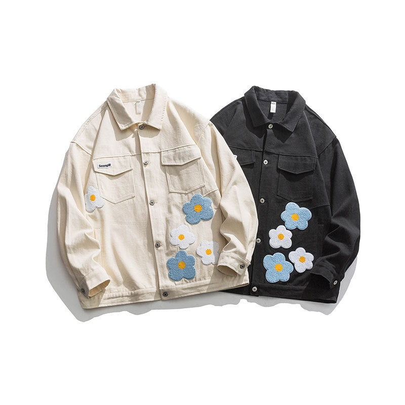 Flower Embroidered Pocket Work Jacket Retro Loose Lapel Jacket Men's