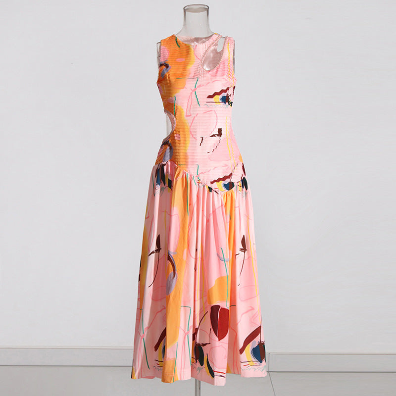 Hollow-out Midriff Mid-length Solid Color Pleated Women's Dress