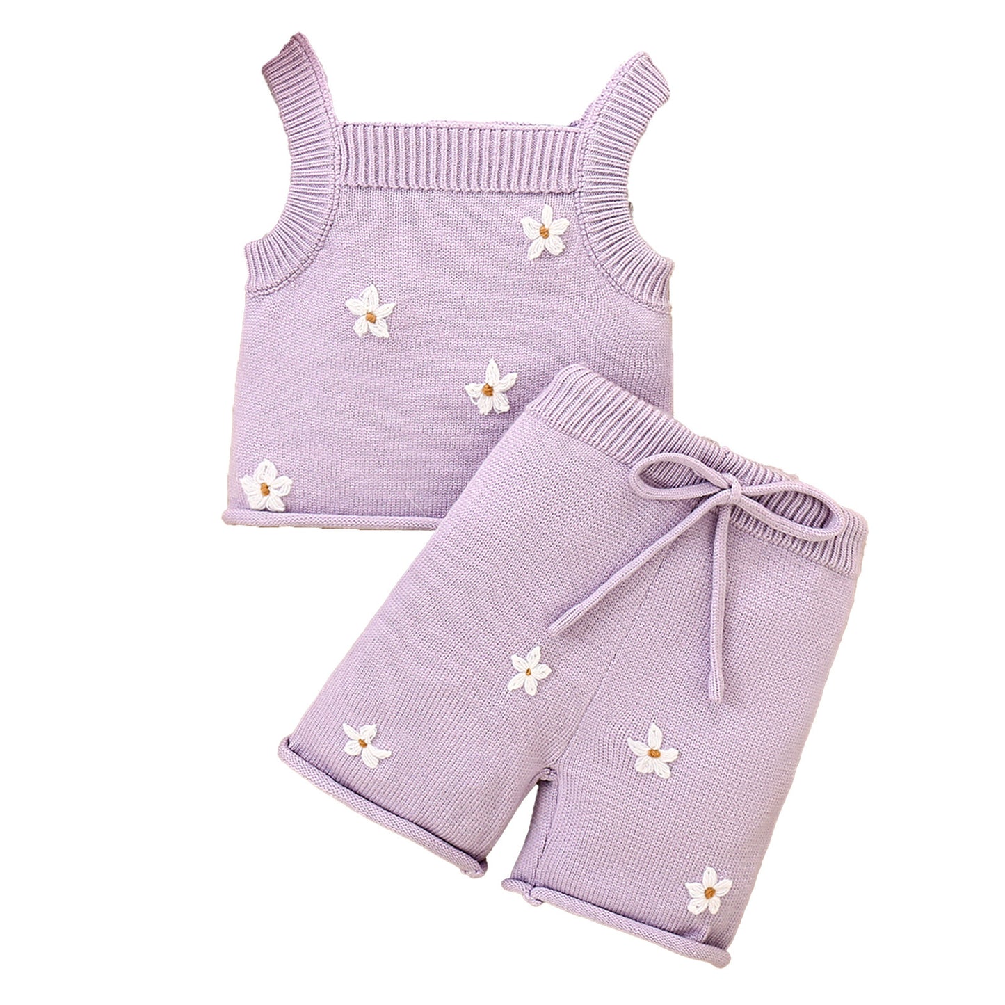 Ensemble pour fille avec gilet brodé à fleurs et nœud à faux cordon de serrage