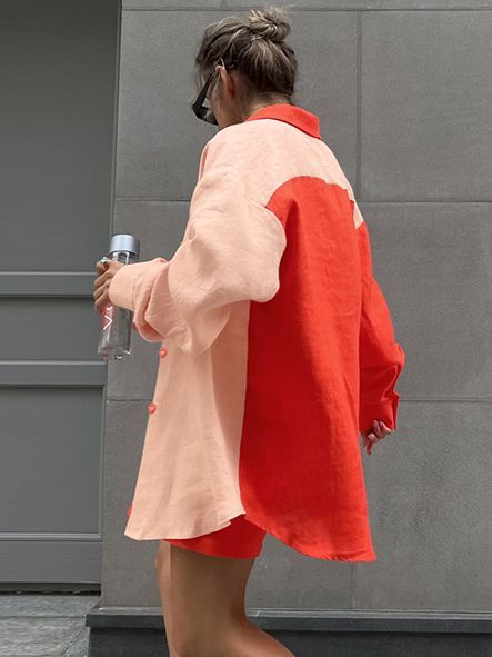 Ensemble chemise et short à manches longues et couleur contrastée pour femme