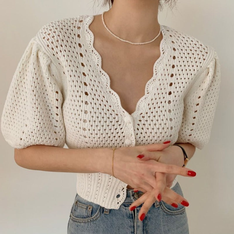 Western Style Hollow Chain Link Flower Gentle Short Knit Sweater