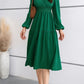 V-neck Solid Color Long Sleeve Waist Dress