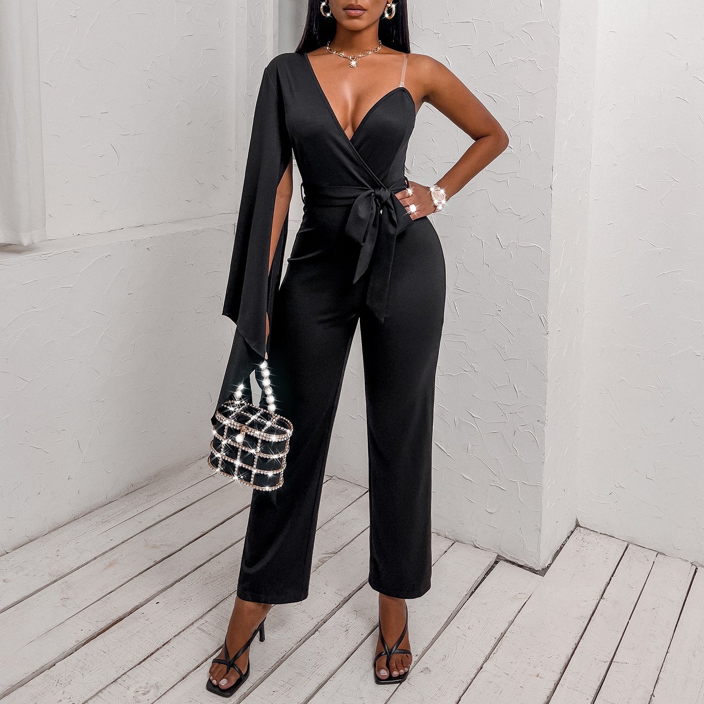 European And American Women's V-neck Jumpsuit Nine-point Pants