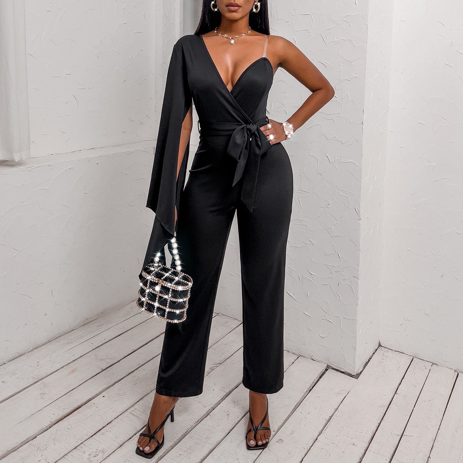 European And American Women's V-neck Jumpsuit Nine-point Pants