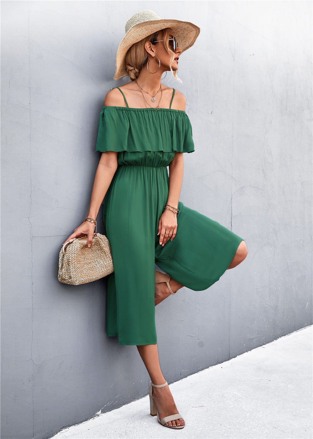 Solid Color One-Shoulder Loose Casual Sling Jumpsuit