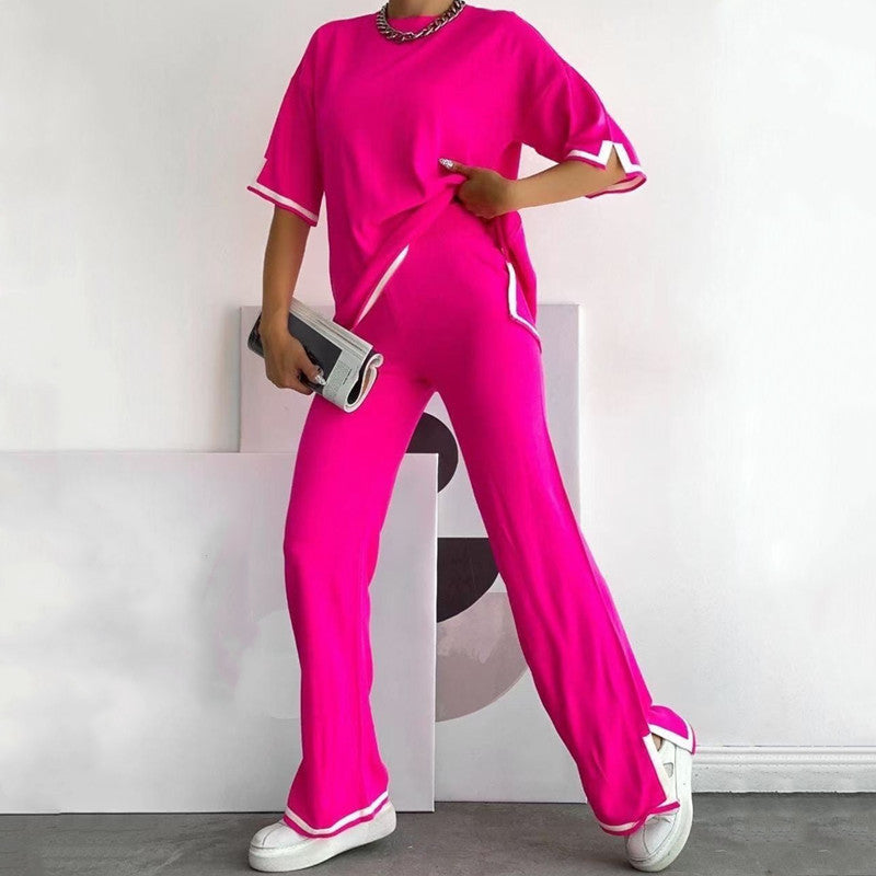 Pull ample patchwork avec haut à manches courtes et pantalon fendu, ensemble en tricot