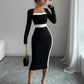 Women's Fashion Elegant Slim Fit Square Collar Long Sleeve Narrow Stitching Temperament Dress