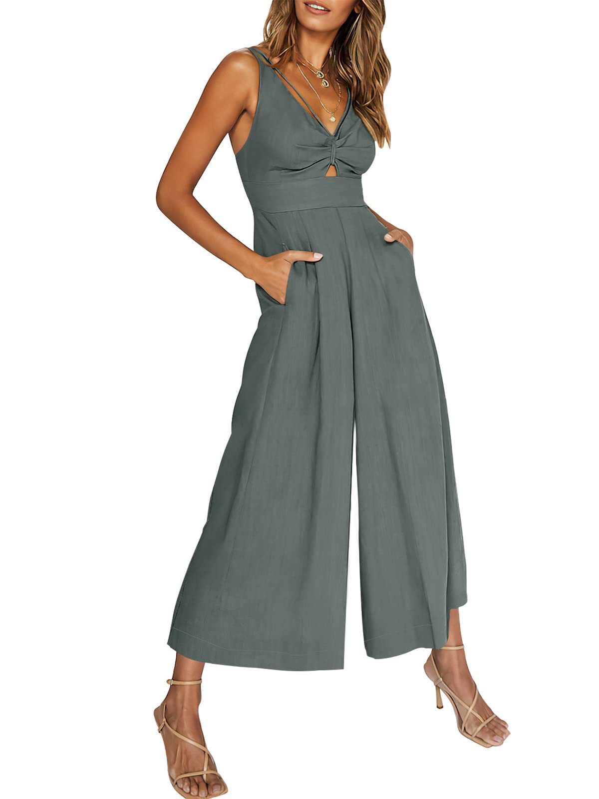Combinaison d'été à col en V et bretelles ajourées, plissée, taille haute, jambes larges, poches pour femmes