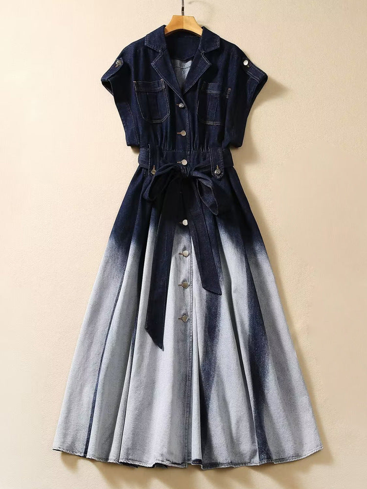 Robe en jean à revers, simple boutonnage, manches courtes, dégradé de couleurs, tendance, taille ajustée