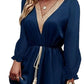 Solid Color Long Sleeve Lace V-neck Tight Waist Dress