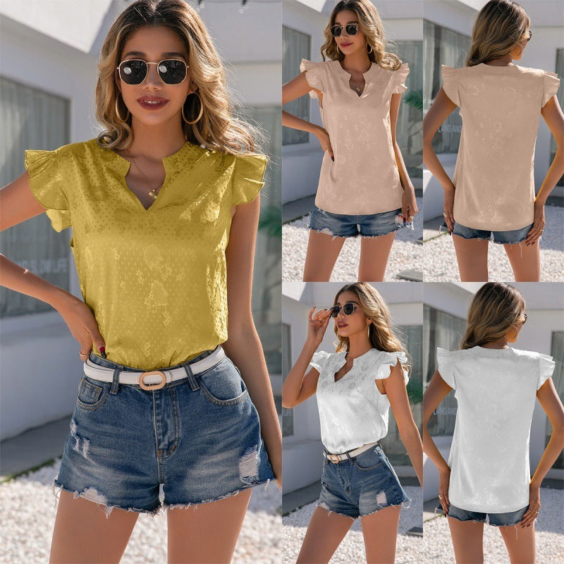 Satin V-neck Lotus Leaf Sleeve Pullover Shirt