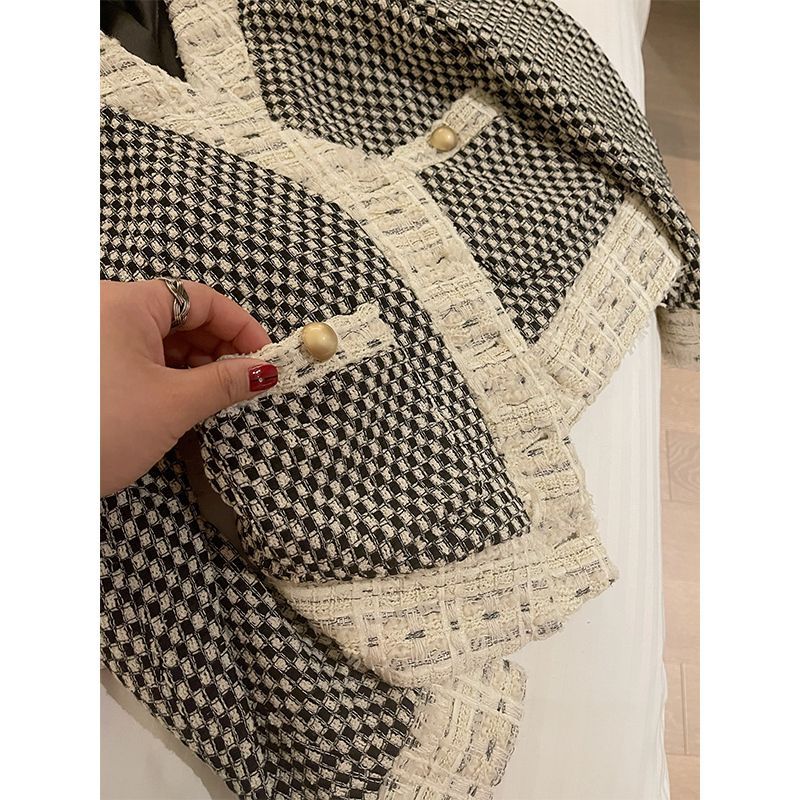 Female Thousand Bird Plaid Contrast Short Tweed Retro Coat